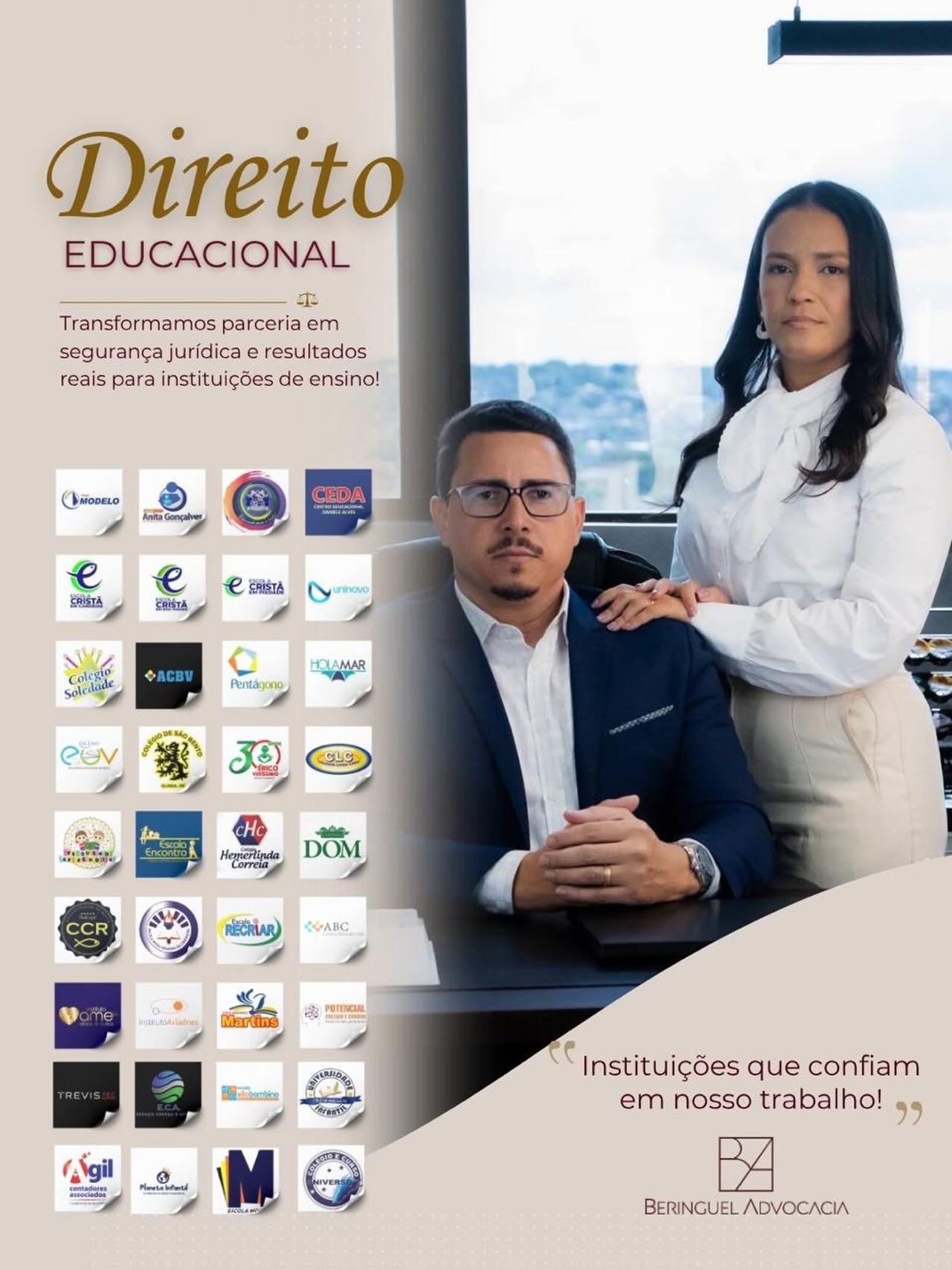 Equipe da Beringuel Advocacia, referência em Direito Educacional, com logos de instituições de ensino atendidas